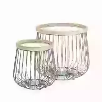Set of 2 Round Cage Side Tables Iron, Wood & Glass